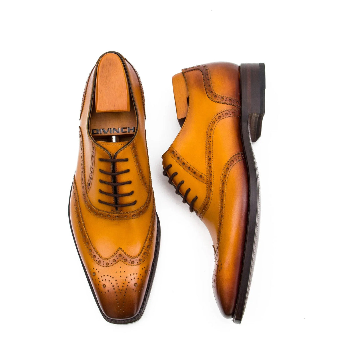 Tan Wingtip Cow Leather Oxford Shoes