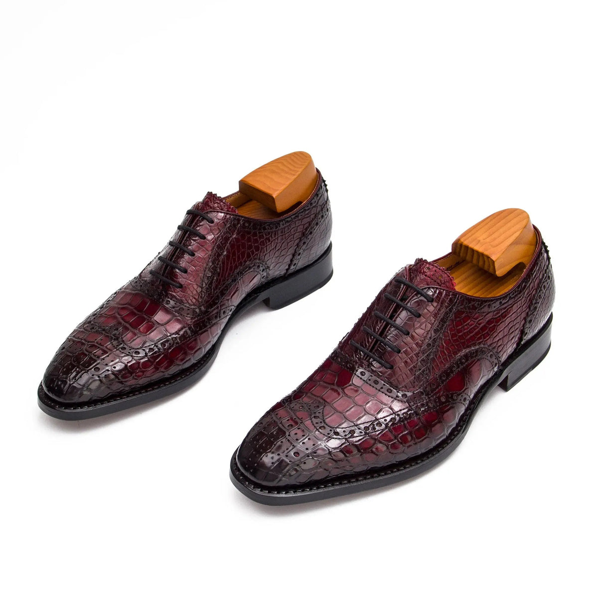 Burgundy Wingtip Crocodile Leather Oxford Shoes