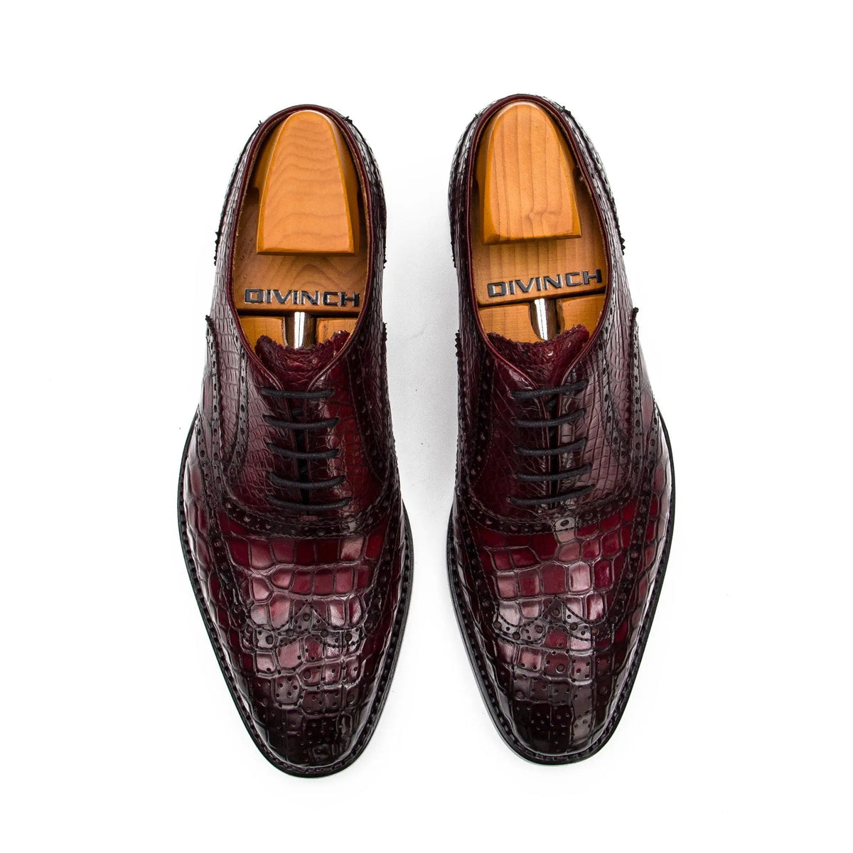 Burgundy Wingtip Crocodile Leather Oxford Shoes