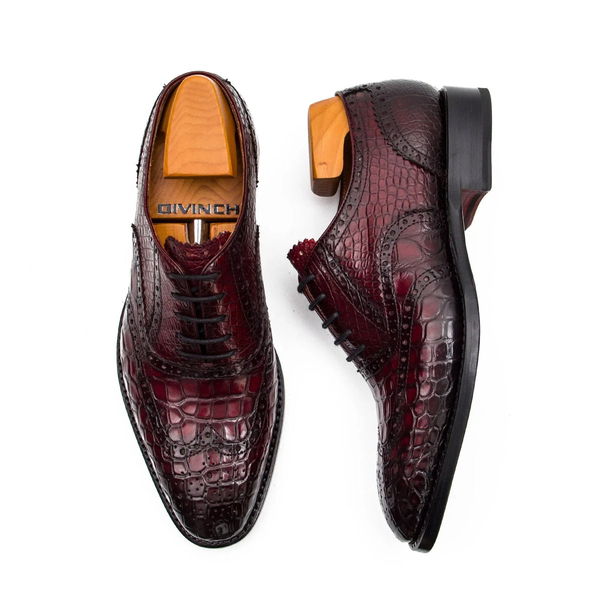 Burgundy Wingtip Crocodile Leather Oxford Shoes