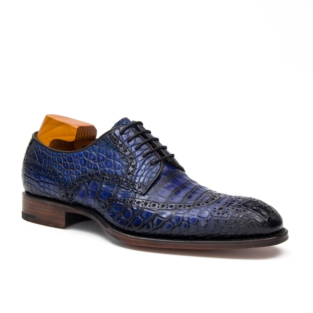 Blue Cap-Toe Crocodile Leather Derby Shoes