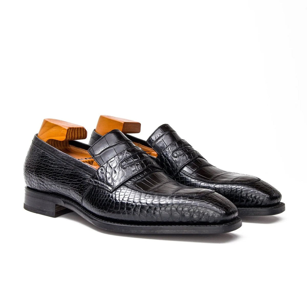 Black Apron-Toe Crocodile Leather Loafers