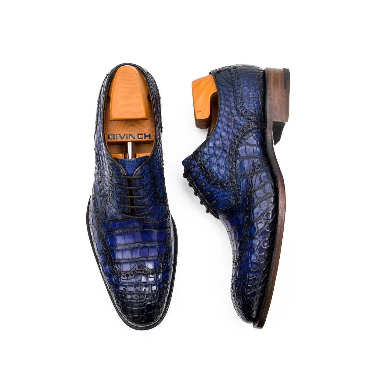 Blue Cap-Toe Crocodile Leather Derby Shoes