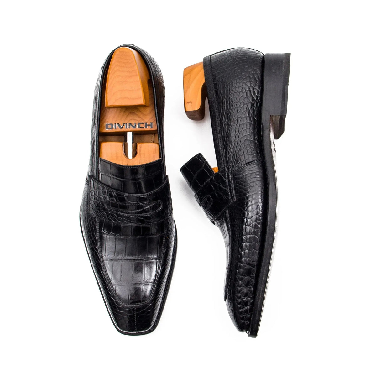 Black Apron-Toe Crocodile Leather Loafers