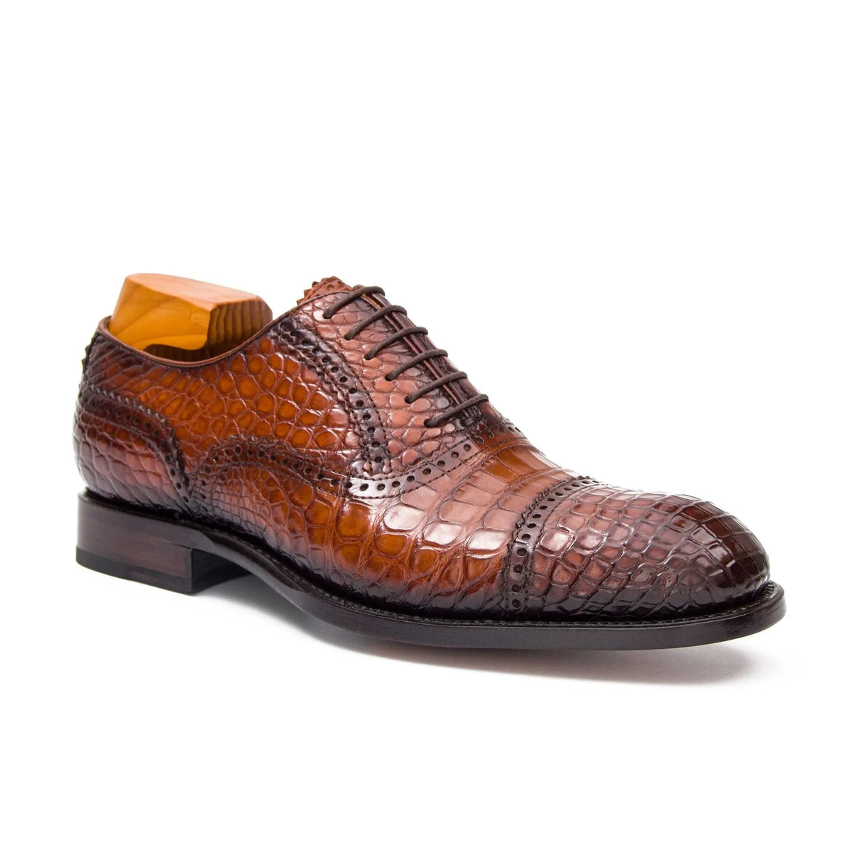 Brown Cap-Toe Crocodile Leather Oxford Shoes