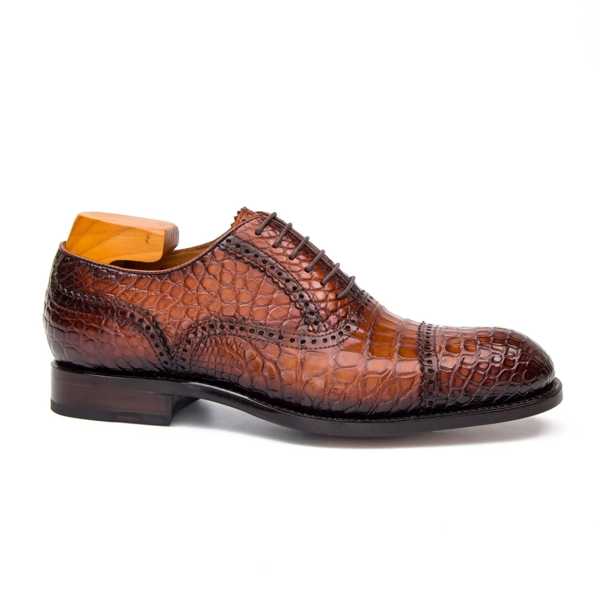 Brown Cap-Toe Crocodile Leather Oxford Shoes