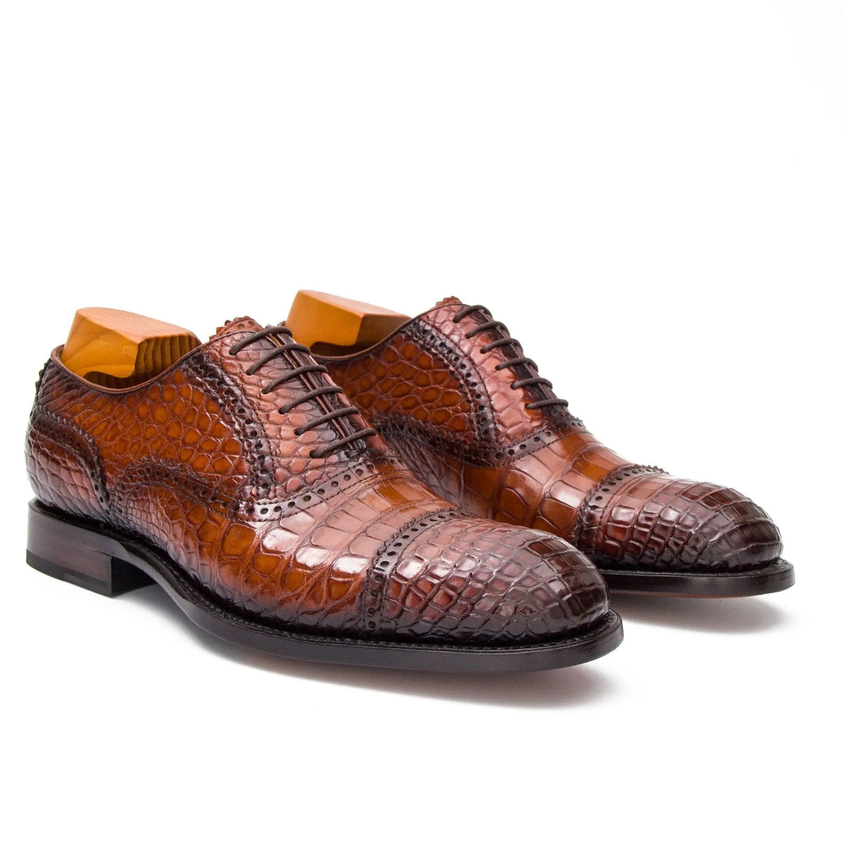Brown Cap-Toe Crocodile Leather Oxford Shoes
