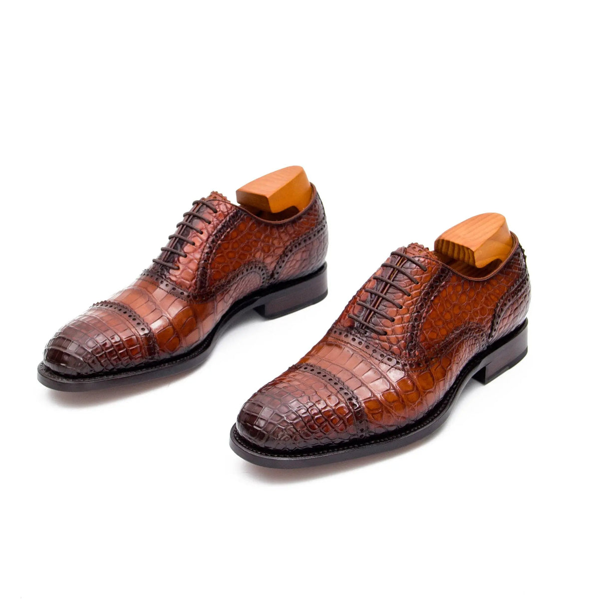 Brown Cap-Toe Crocodile Leather Oxford Shoes