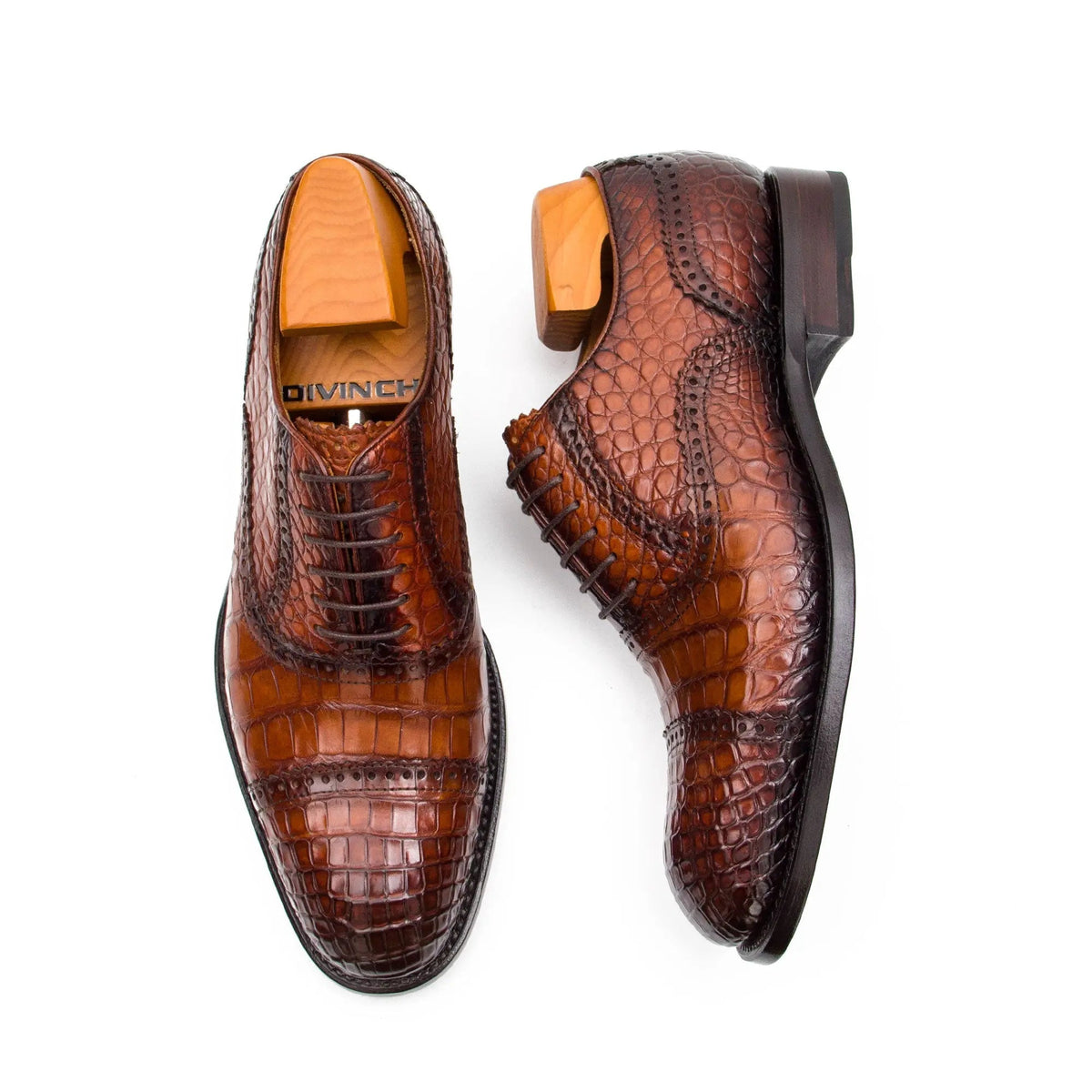Brown Cap-Toe Crocodile Leather Oxford Shoes