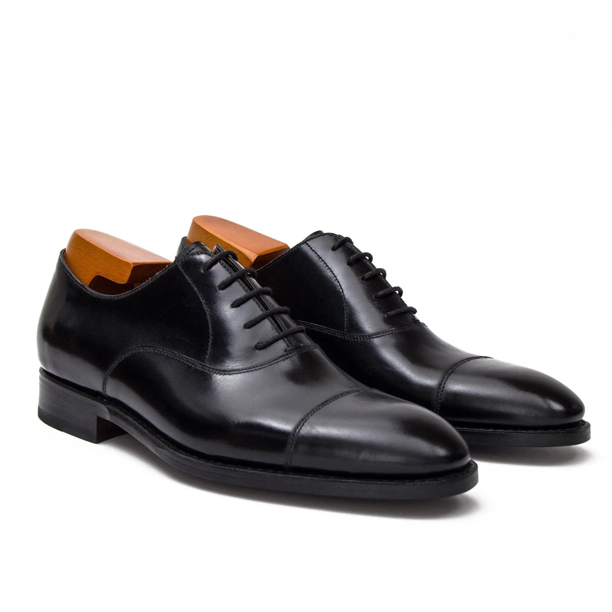 Black Cap-Toe Calf Leather Oxford Shoes