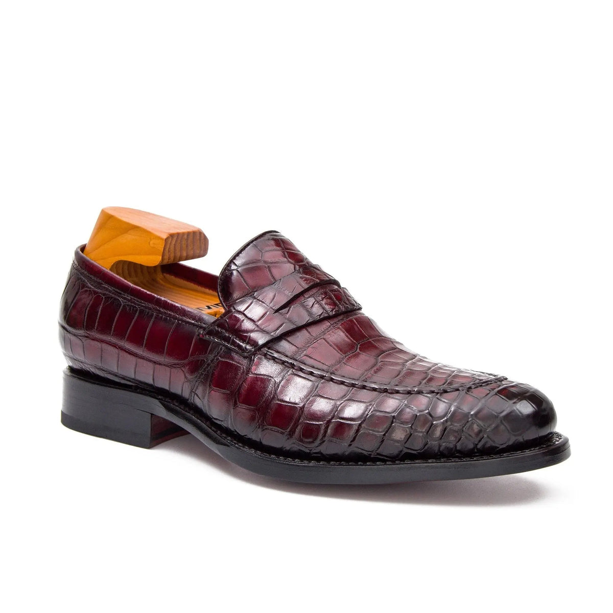 Burgundy Crocodile Leather Apron-Toe Penny Loafers