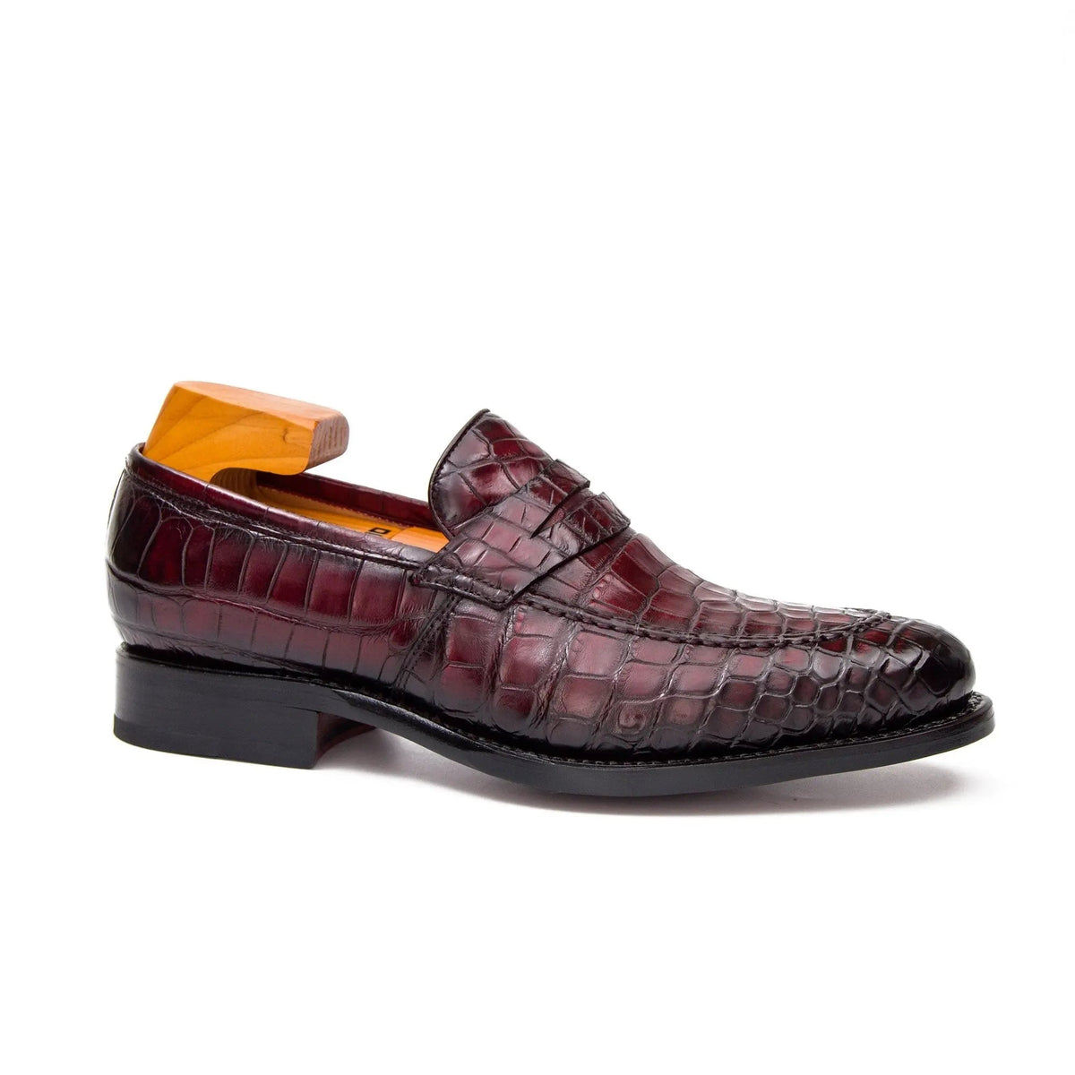 Burgundy Crocodile Leather Apron-Toe Penny Loafers