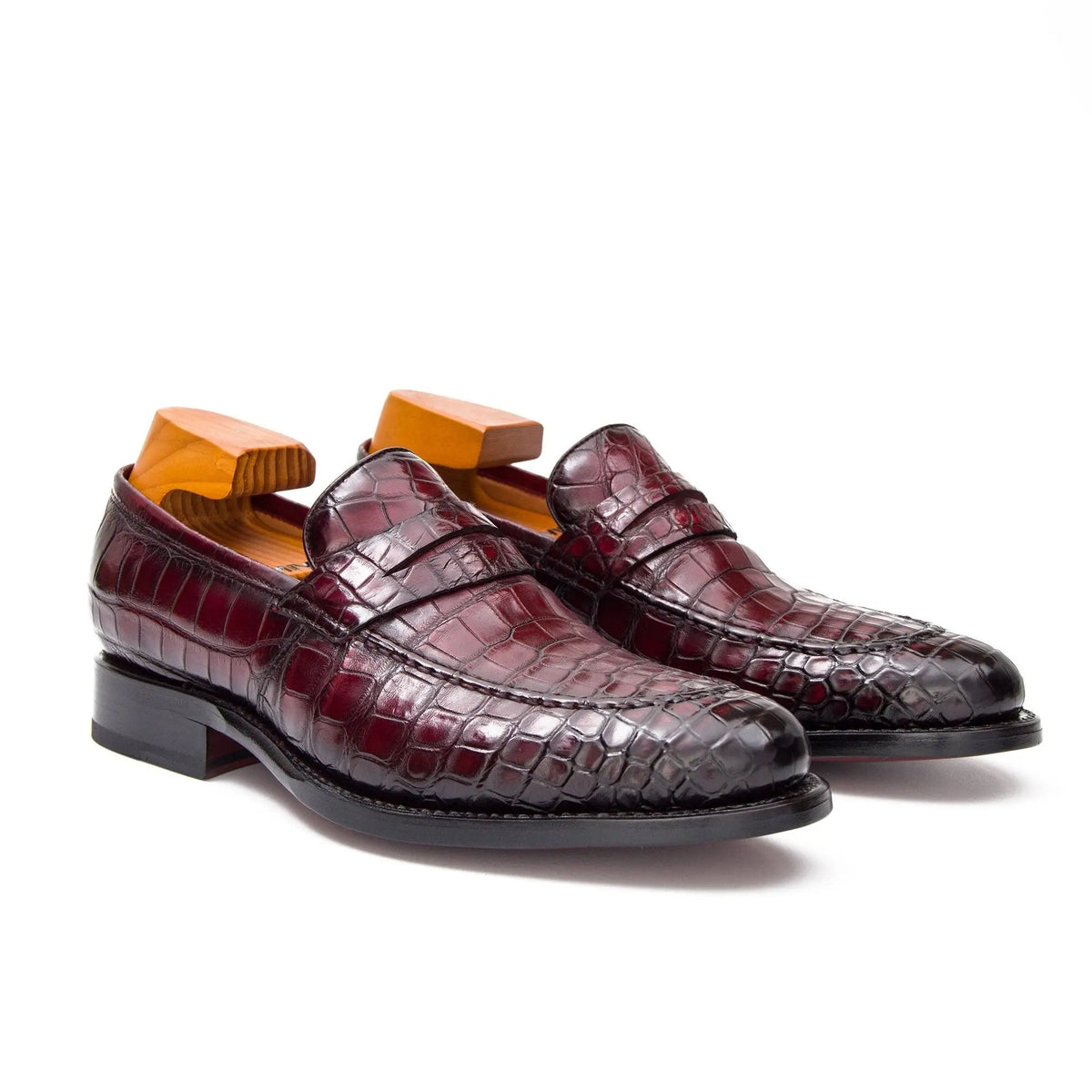 Burgundy Crocodile Leather Apron-Toe Penny Loafers