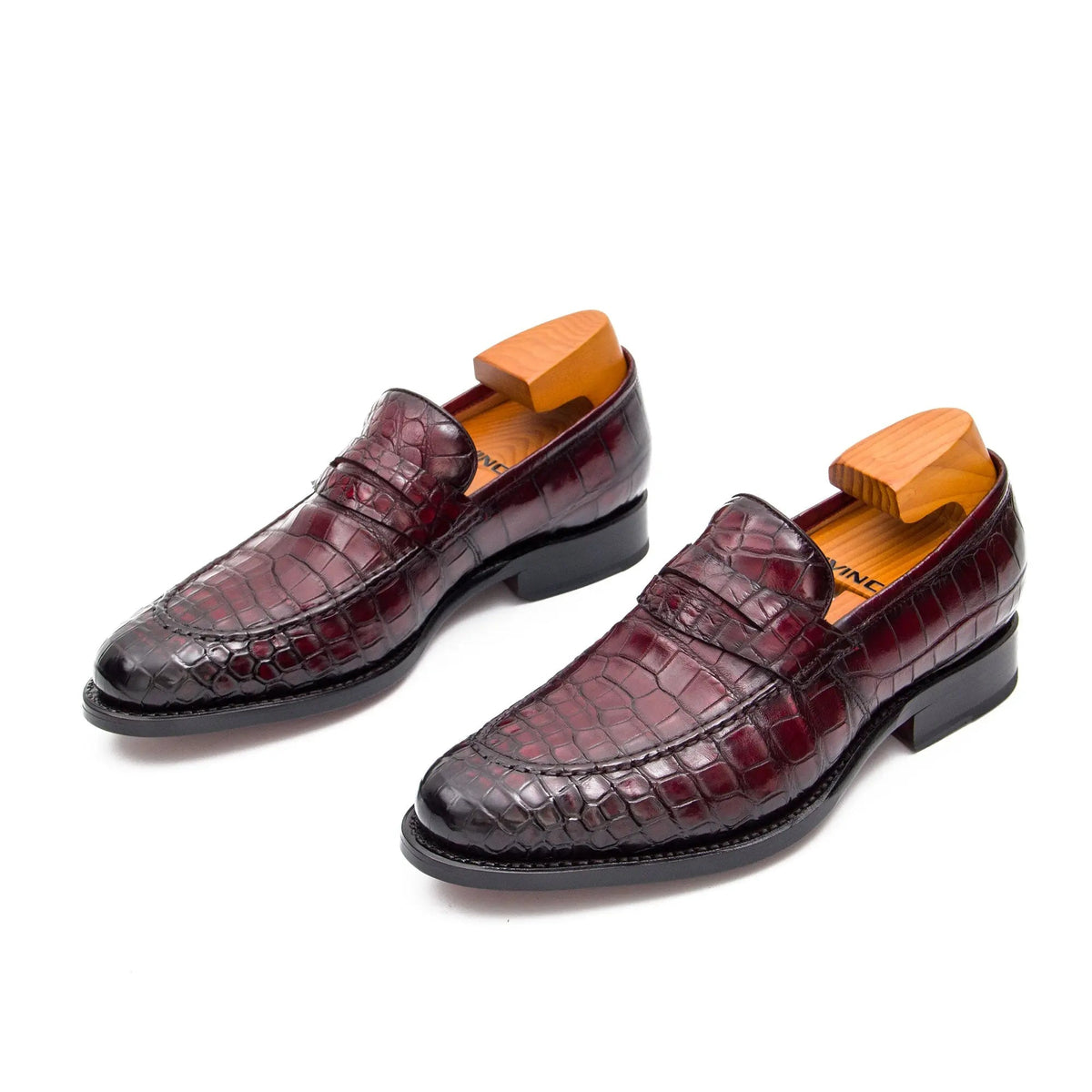 Burgundy Crocodile Leather Apron-Toe Penny Loafers
