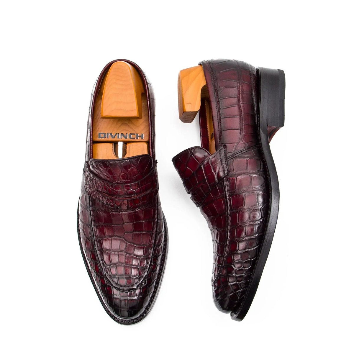 Burgundy Crocodile Leather Apron-Toe Penny Loafers