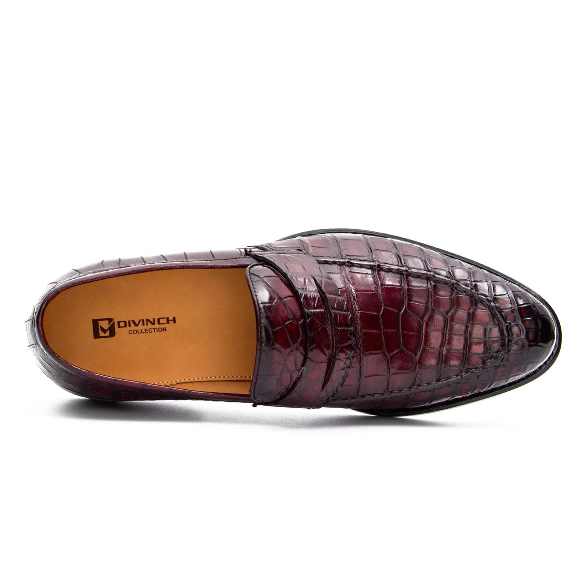 Burgundy Crocodile Leather Apron-Toe Penny Loafers