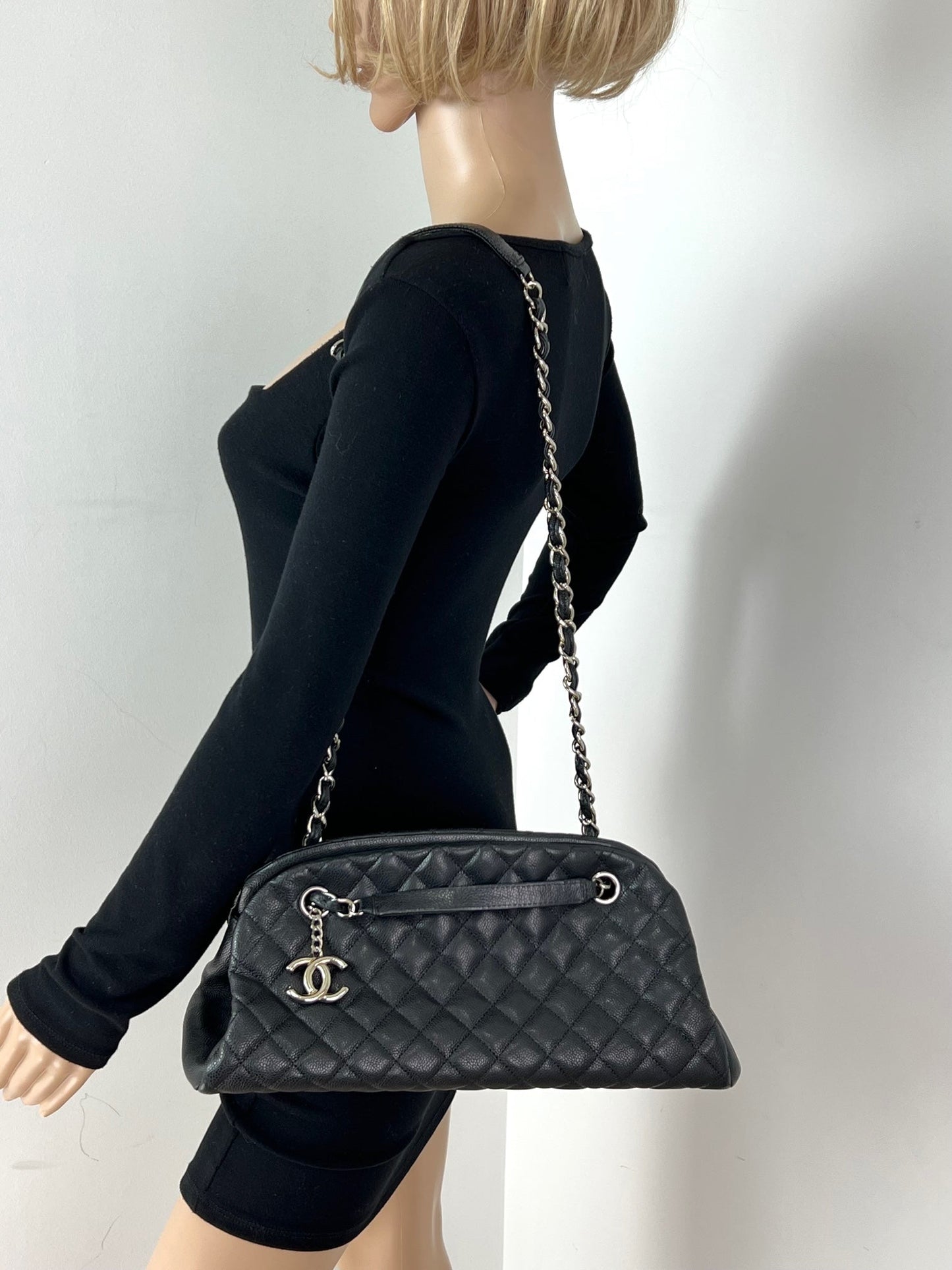 CHANEL Just Mademoiselle Quilted Caviar Black Bowling Shoulder Bag