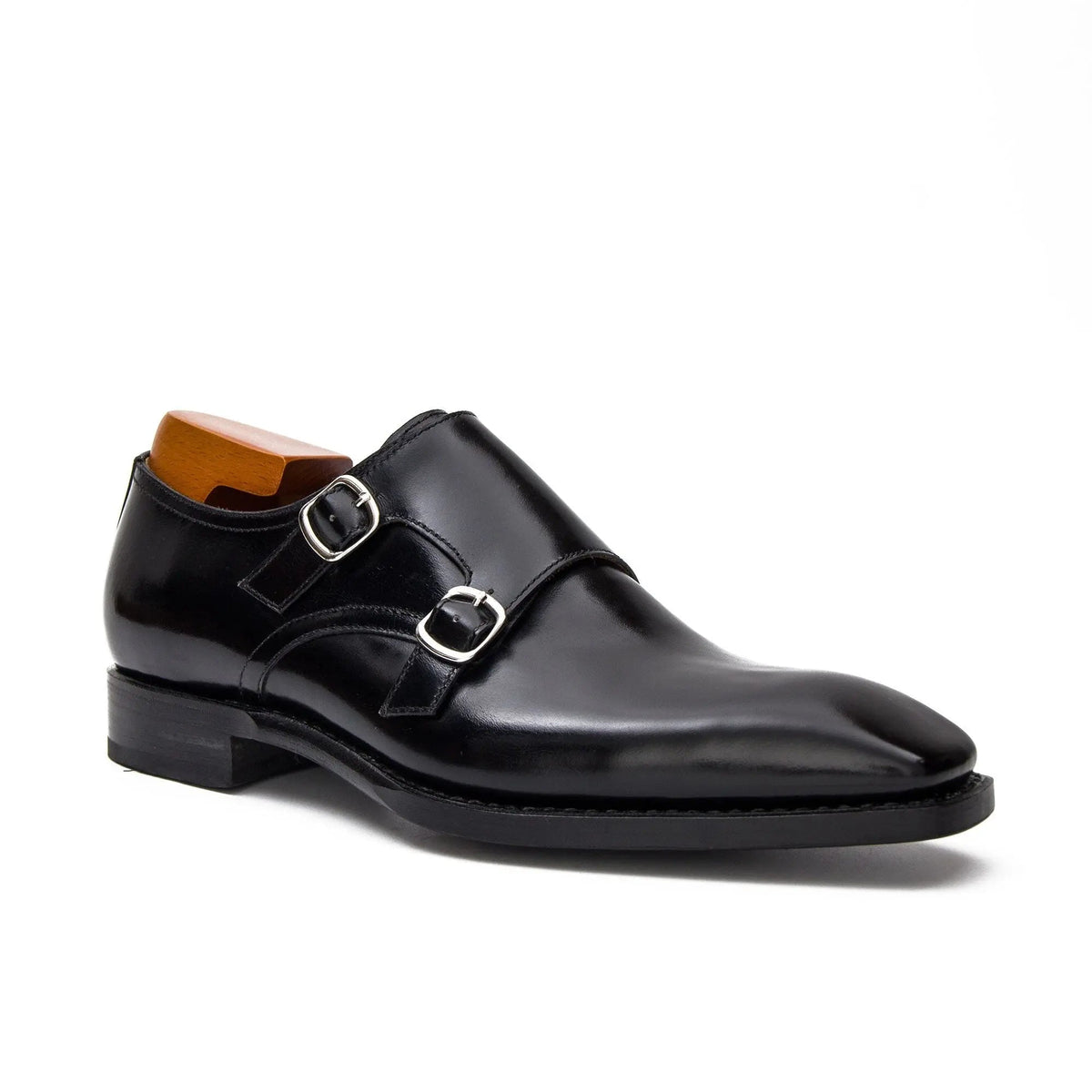Black Square-Toe Cow Leather Monk Shoes