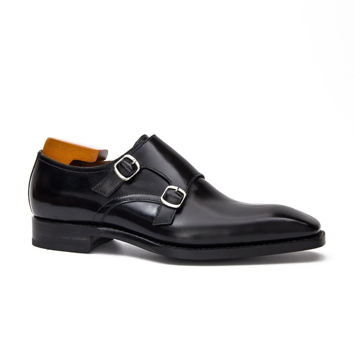 Black Square-Toe Cow Leather Monk Shoes