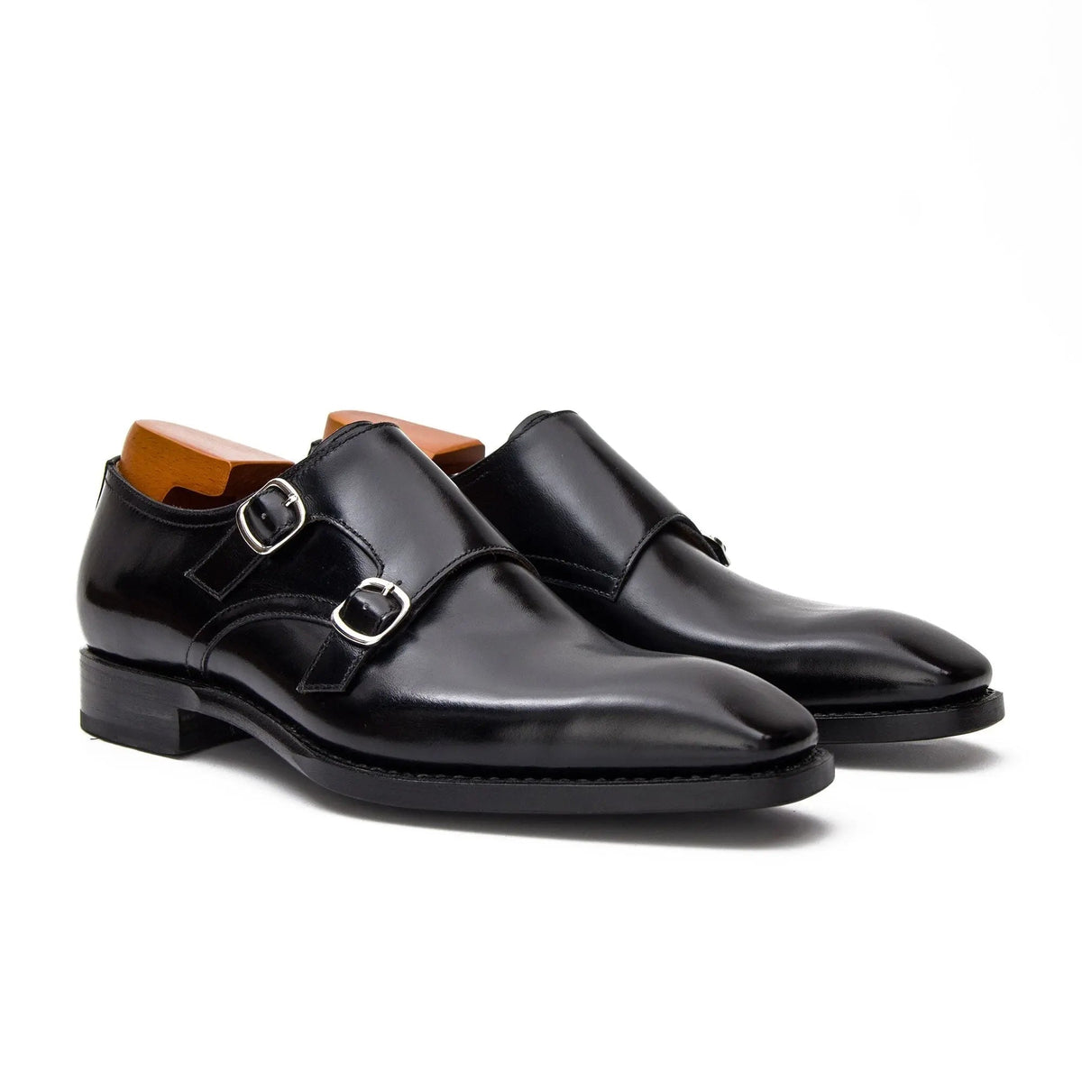 Black Square-Toe Cow Leather Monk Shoes