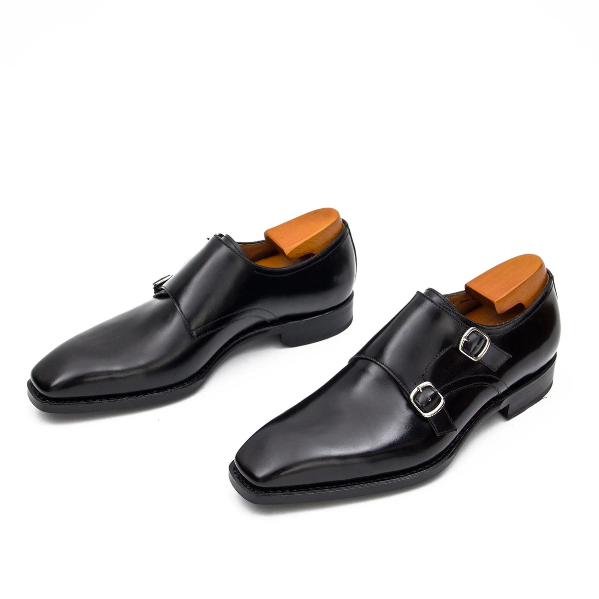 Black Square-Toe Cow Leather Monk Shoes