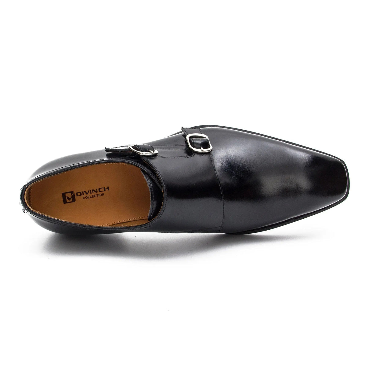 Black Square-Toe Cow Leather Monk Shoes