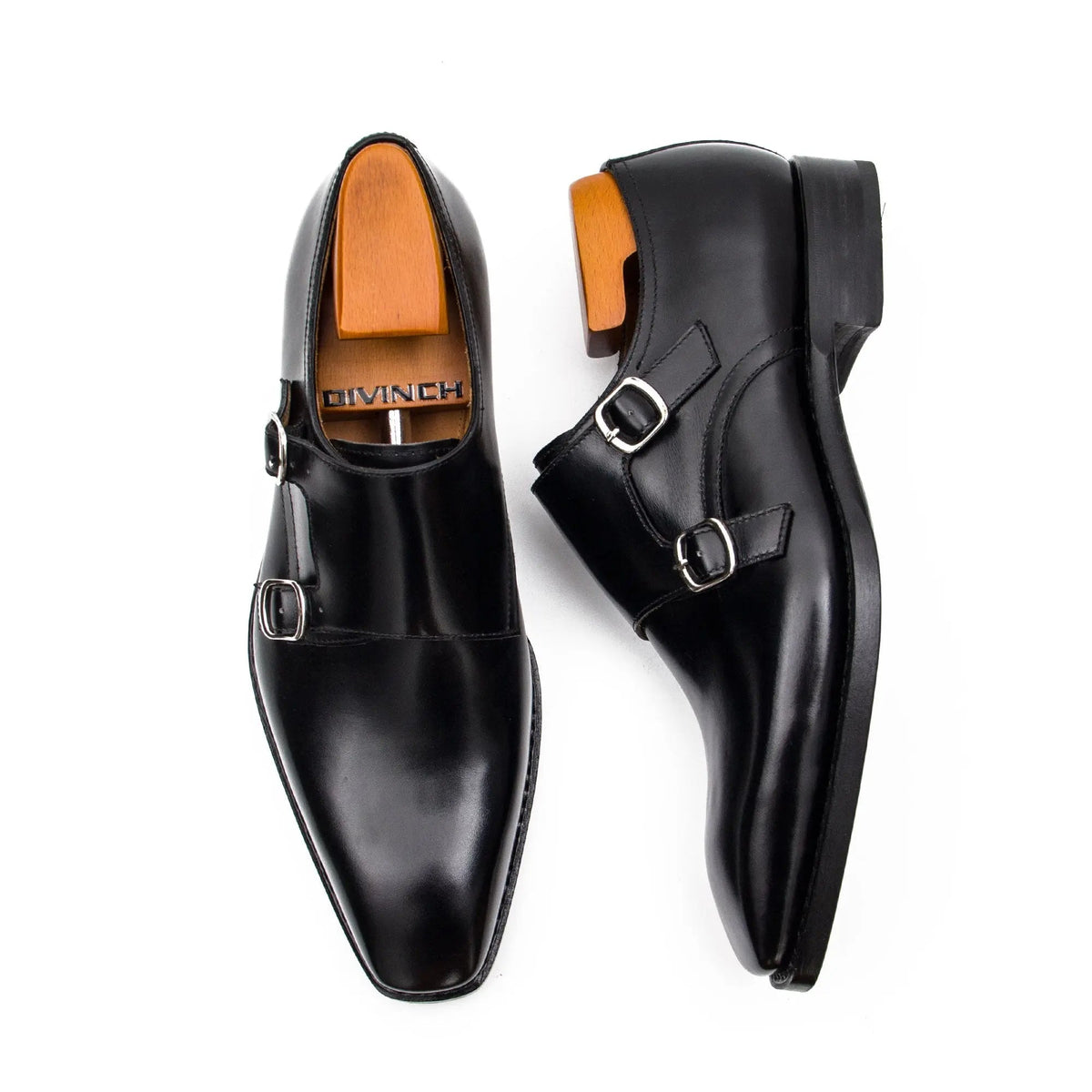 Black Square-Toe Cow Leather Monk Shoes
