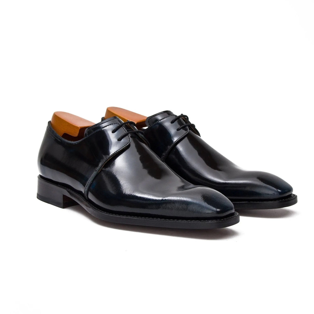 Blue-Black Plain-Toe Cow Leather Derby Shoes