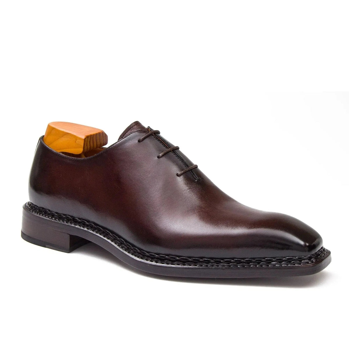 Brown Square-Toe Calf Leather Oxford Shoes