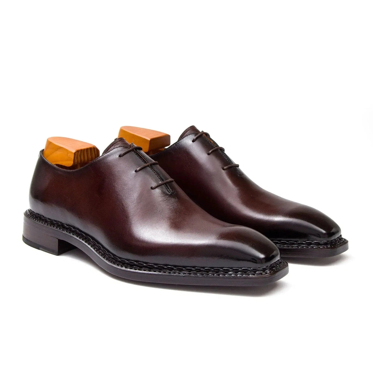 Brown Square-Toe Calf Leather Oxford Shoes