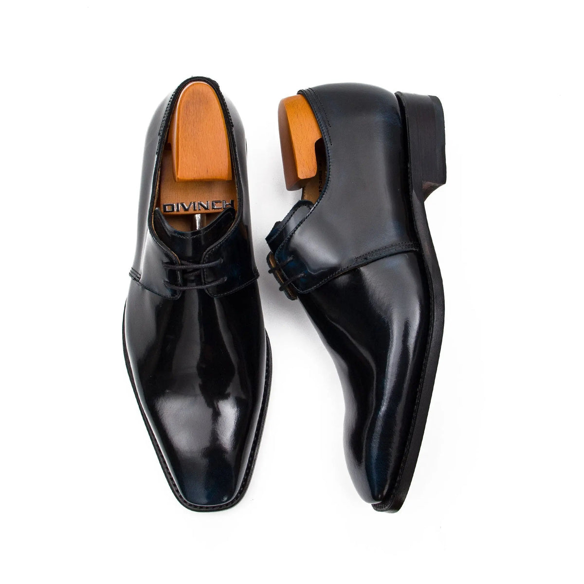 Blue-Black Plain-Toe Cow Leather Derby Shoes