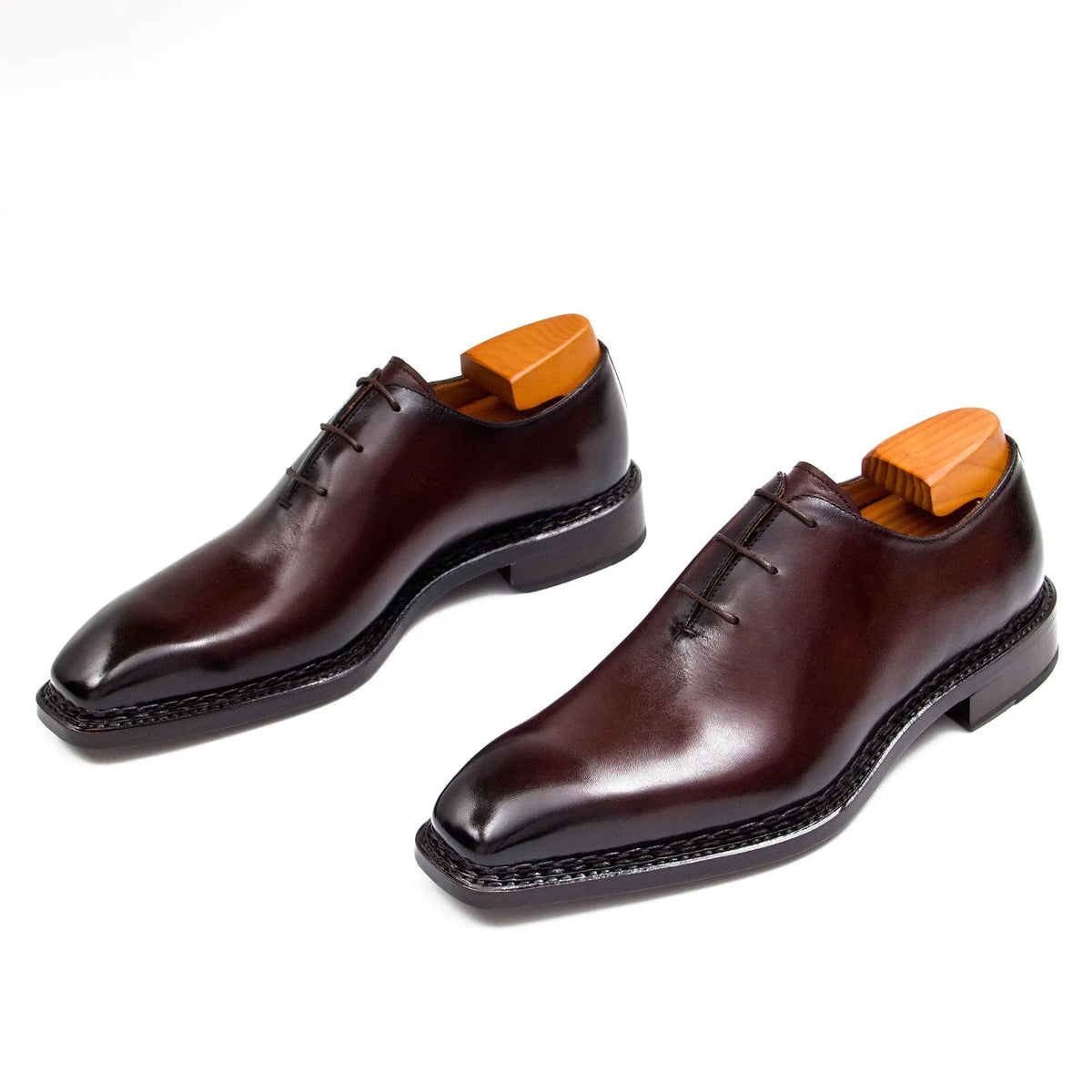 Brown Square-Toe Calf Leather Oxford Shoes