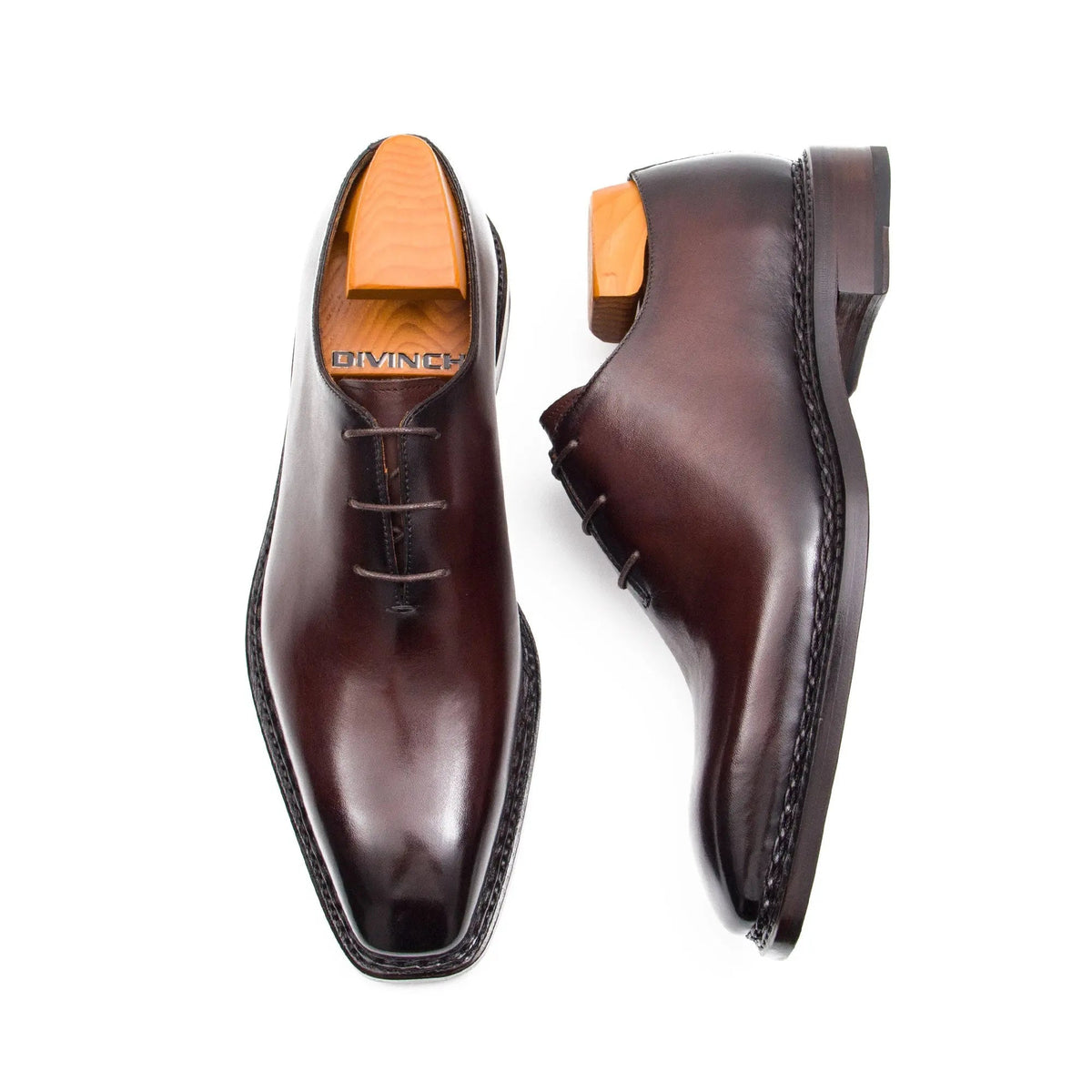 Brown Square-Toe Calf Leather Oxford Shoes