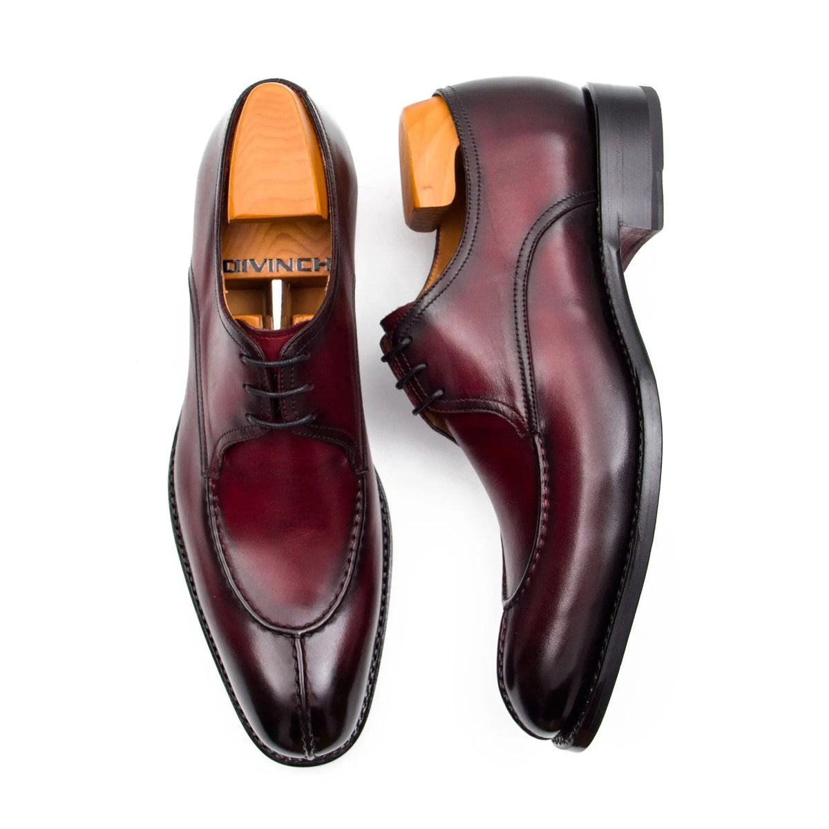 Burgundy Apron-Toe Cow Leather Derby Shoes