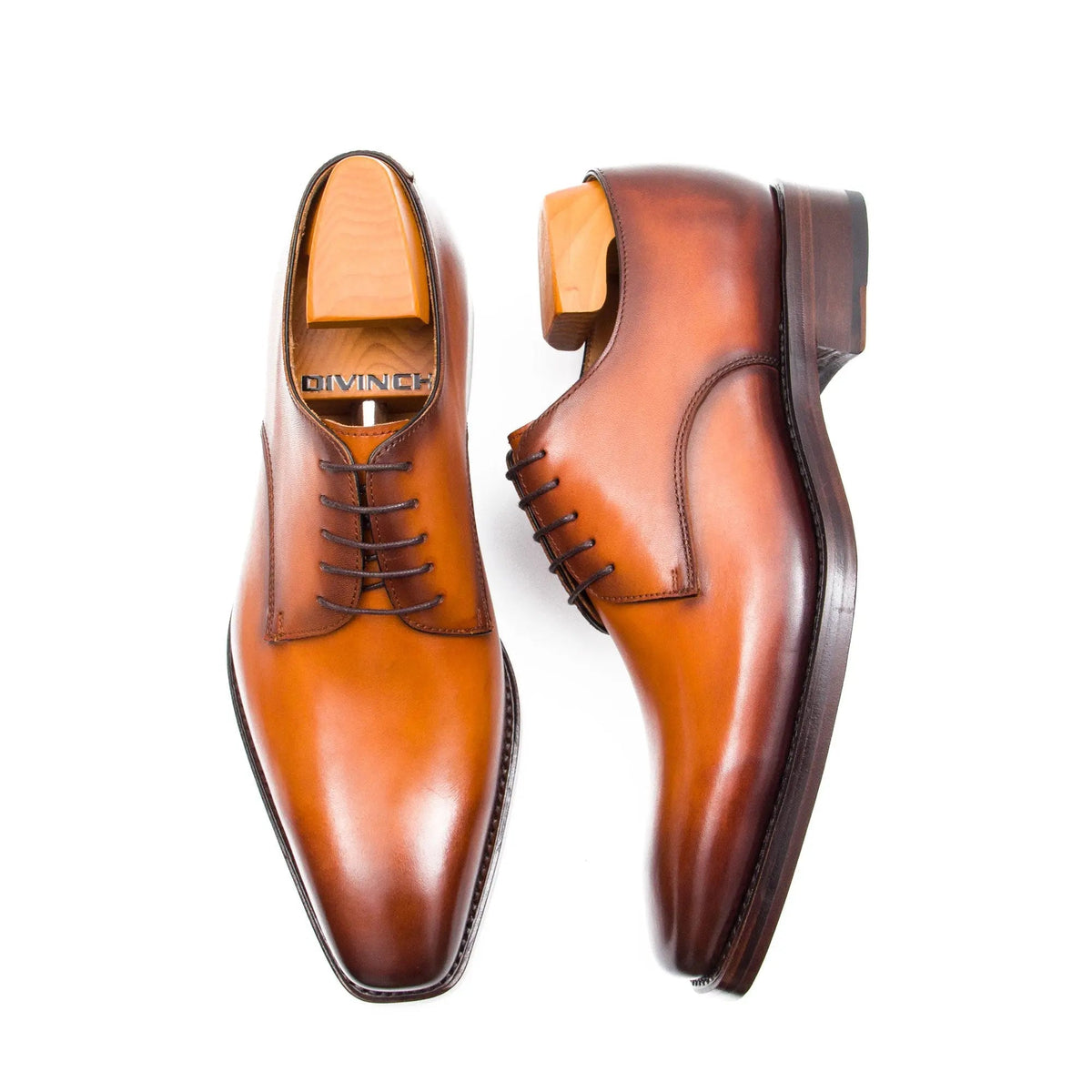 Orange-Brown Square-Toe Calf Leather Derby Shoes