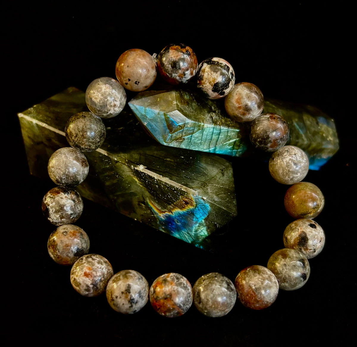Pulsera de conexión a tierra Yooperlite – Piedra natural reactiva a los rayos UV, cuentas de 8 mm (muñecas grandes)