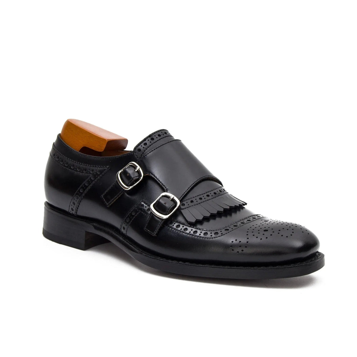 Black Kiltie Cow Leather Monk Shoes