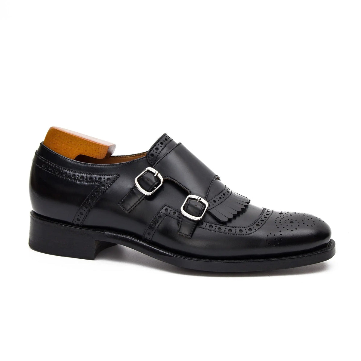 Black Kiltie Cow Leather Monk Shoes
