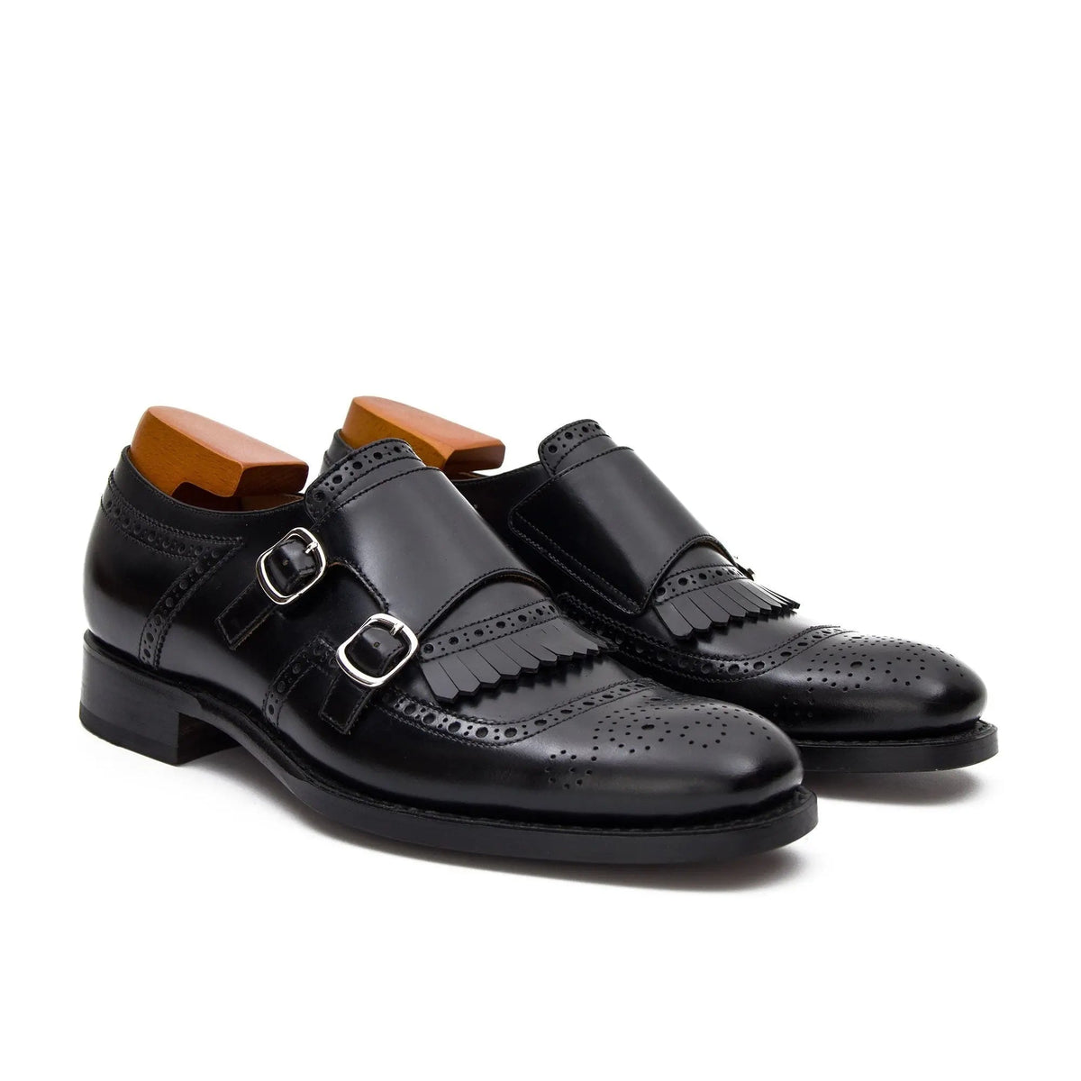 Black Kiltie Cow Leather Monk Shoes