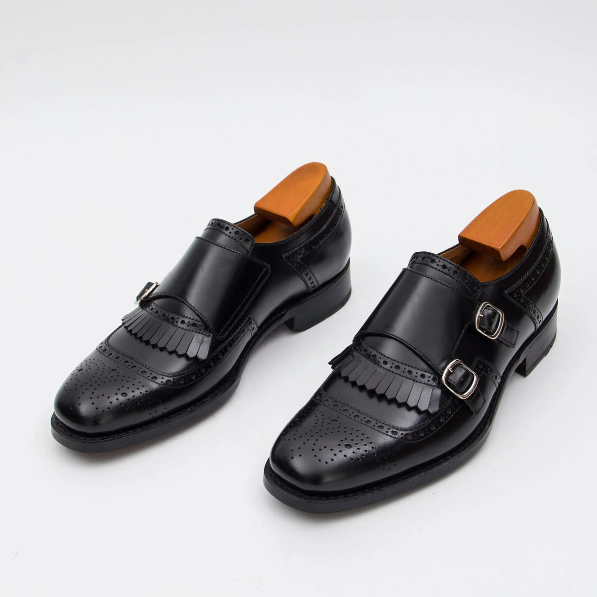 Black Kiltie Cow Leather Monk Shoes