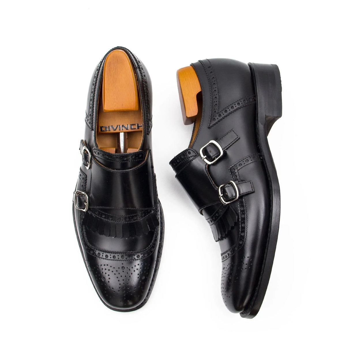 Black Kiltie Cow Leather Monk Shoes