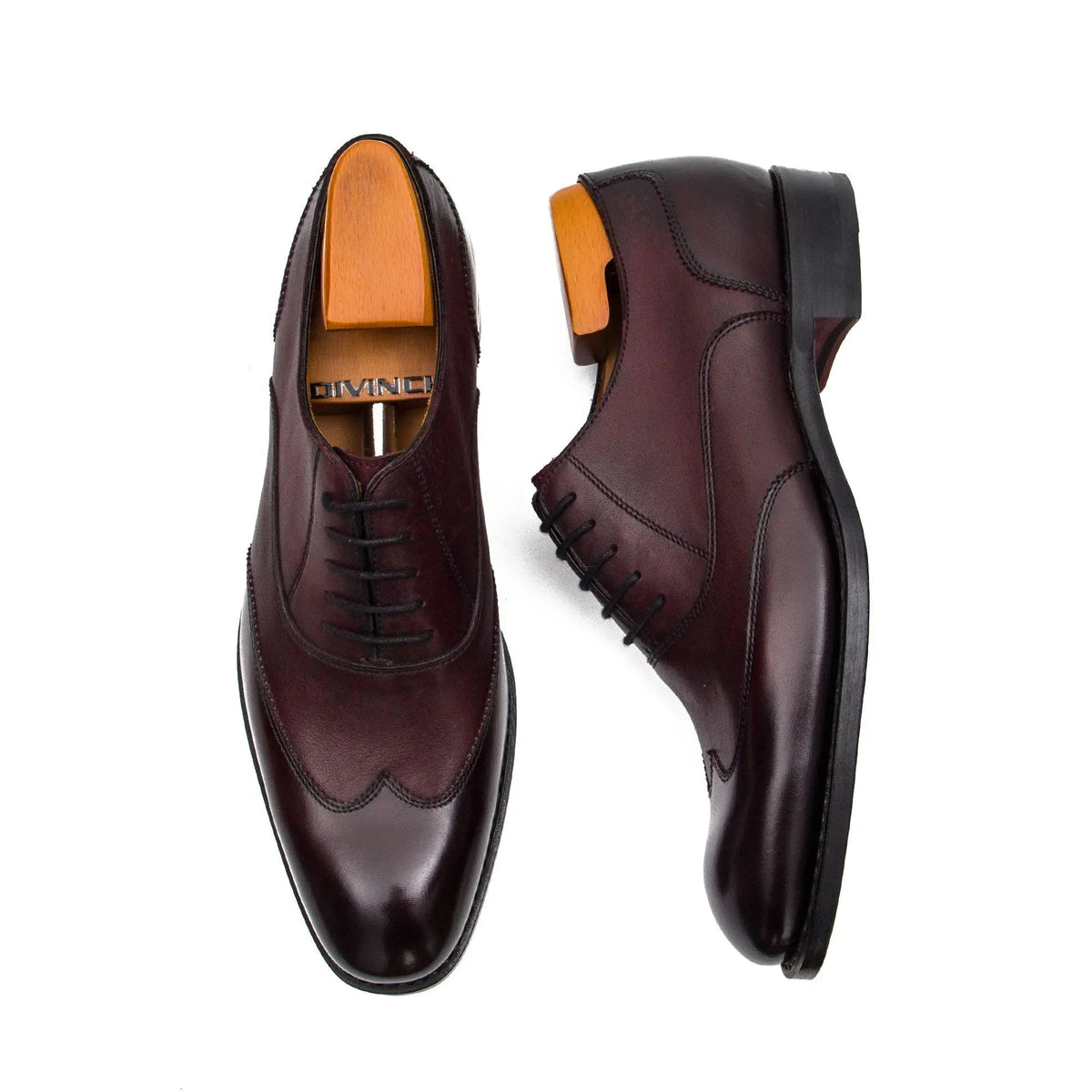 Burgundy Wingtip Cow Leather Oxford Shoes