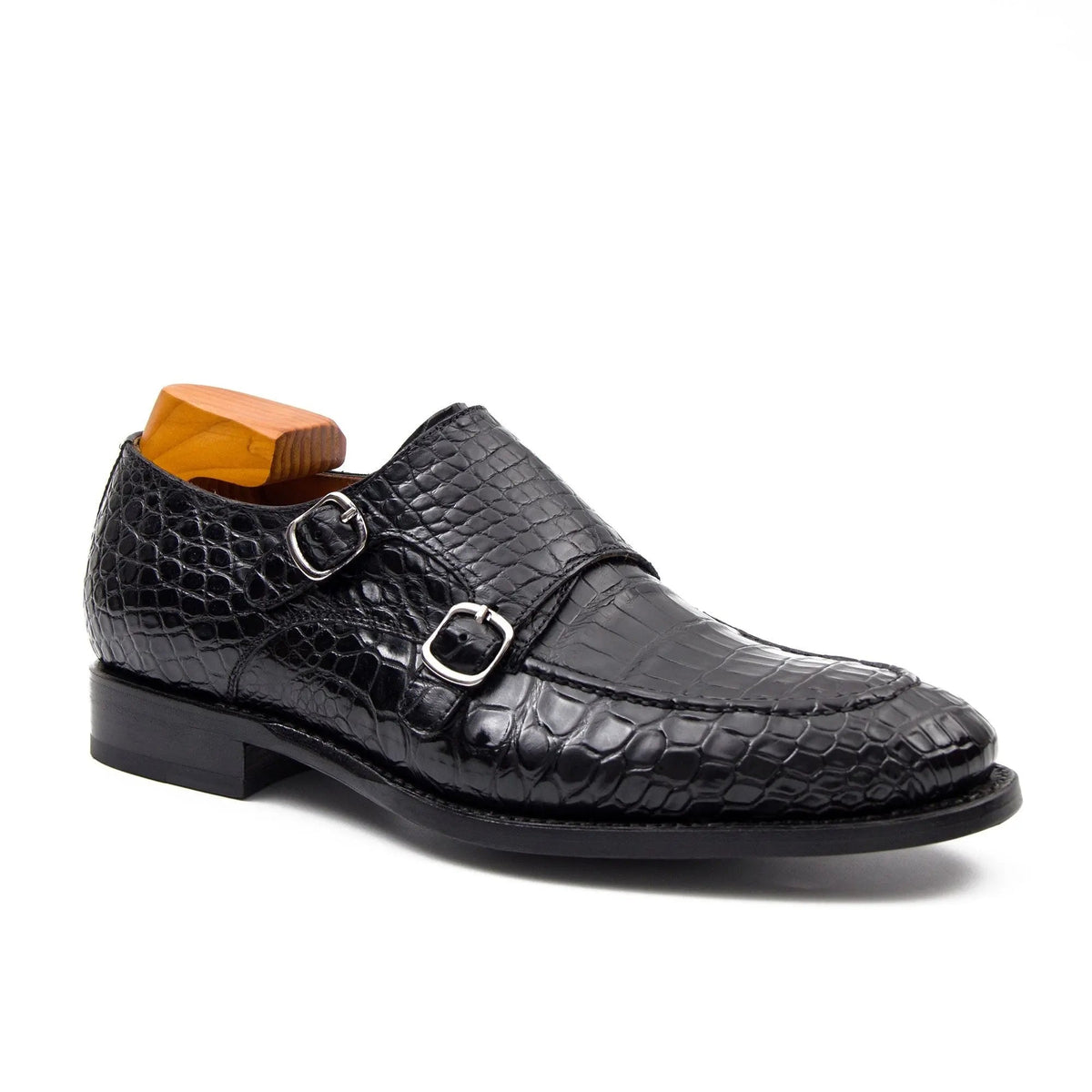 Black Crocodile Leather Monk Shoes