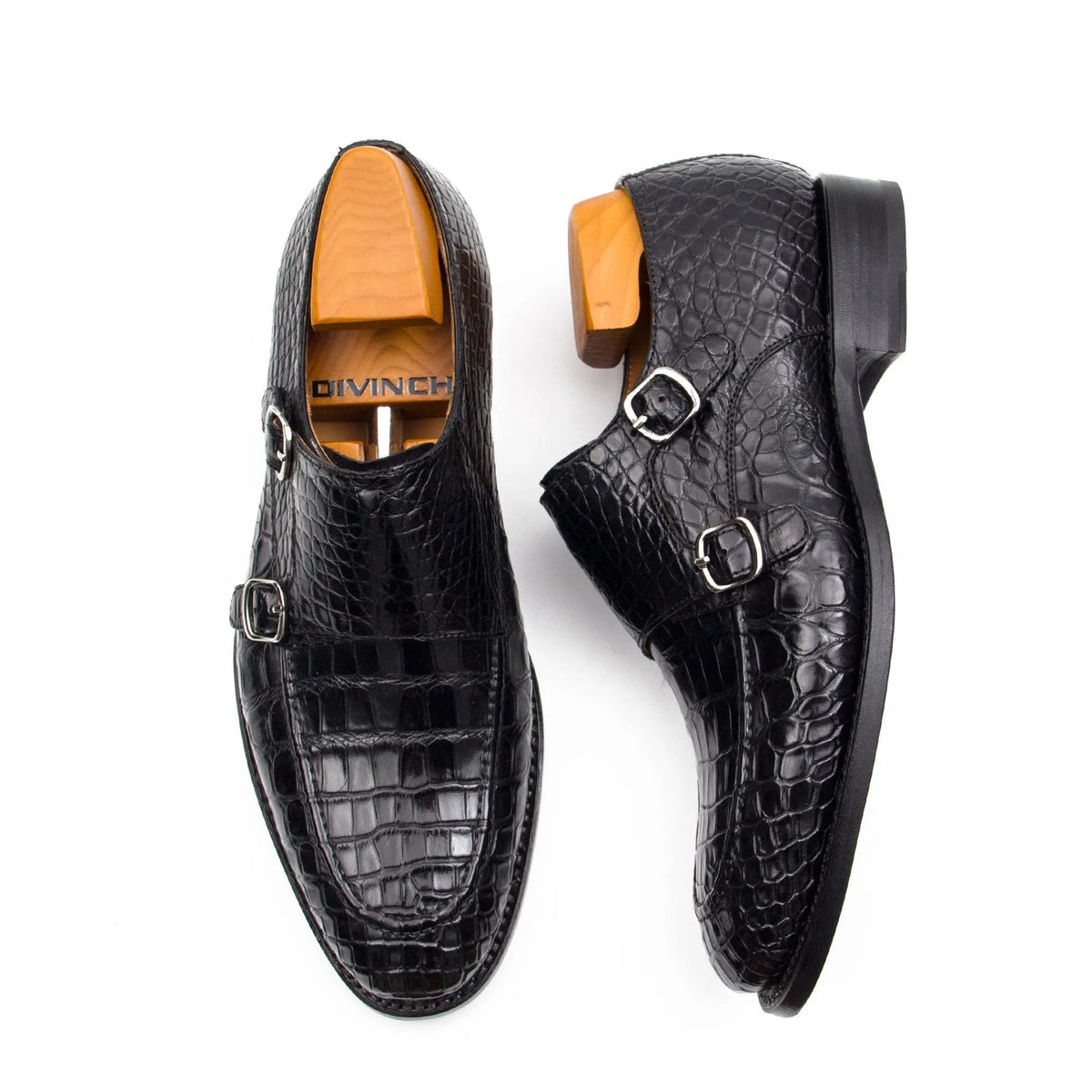 Black Crocodile Leather Monk Shoes