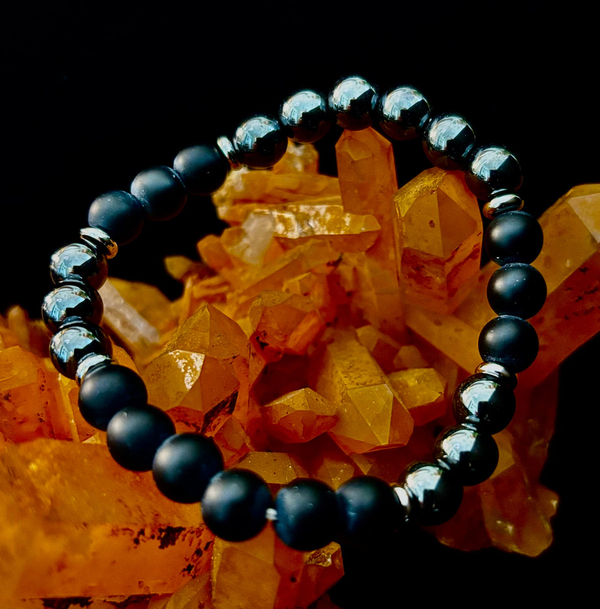 Reiki-Infused Matte Black Onyx & Hematite Double Protection Bracelet for Grounding, Focus & Aura Shielding (8mm)