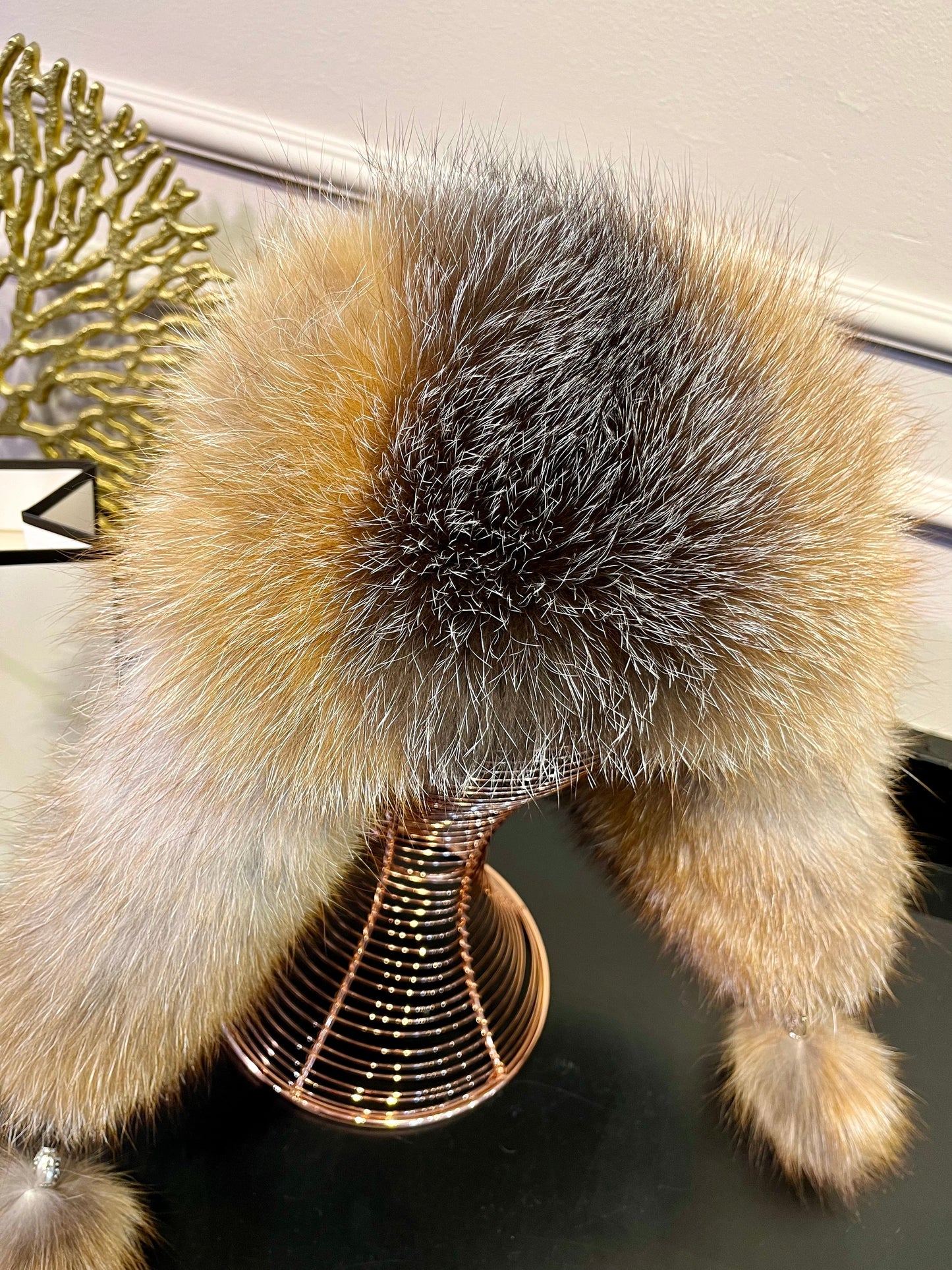 Gorro de piel de zorro plateado auténtica y cuero genuino