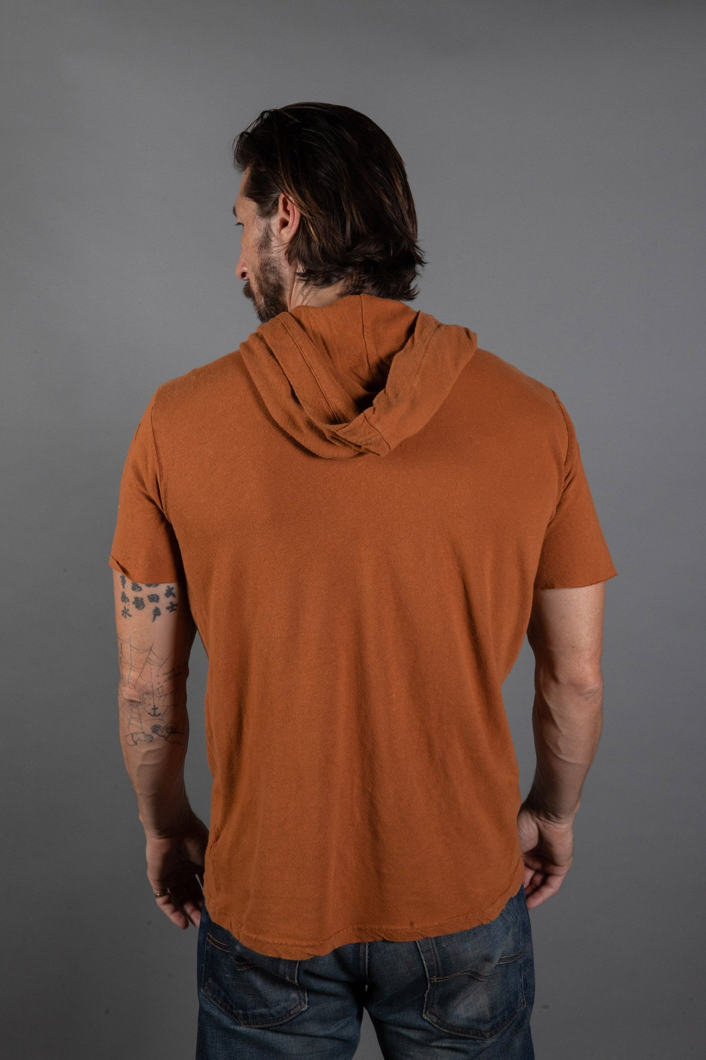 Sudadera con capucha de manga corta de mezcla de lino para hombre