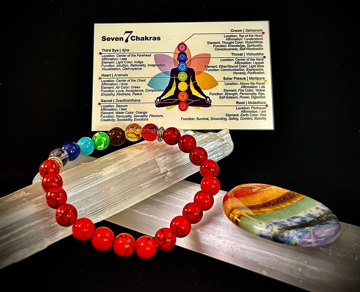 Reiki-infused Chakra & Red Turquoise Energy Alignment Bracelet – 8mm Beads for Spiritual Protection & Vitality (Medium Wrists)