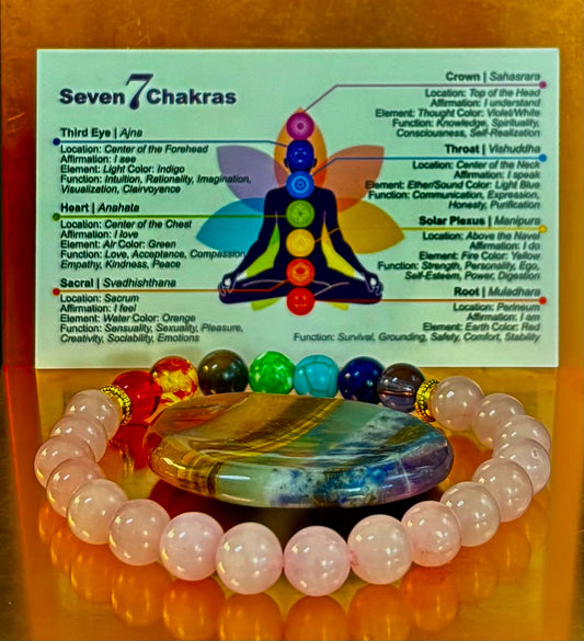 🌸 Pulsera curativa de chakras y cuarzo rosa – Equilibrio emocional + apoyo de la energía del corazón