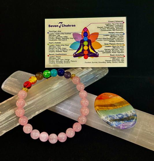 🌸 Pulsera curativa de chakras y cuarzo rosa – Equilibrio emocional + apoyo de la energía del corazón